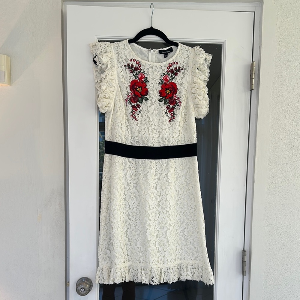 White Lace Dress with Red Floral Embroidery